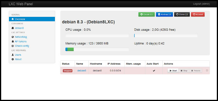 Vista general de LXC Web Panel