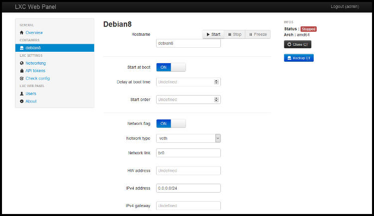 Vista de contenedor en LXC Web Panel