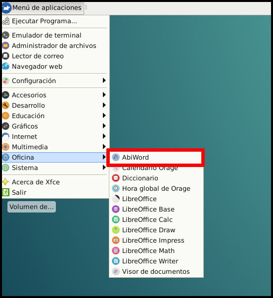 Aspecto de AbiWord en el menú de XFCE