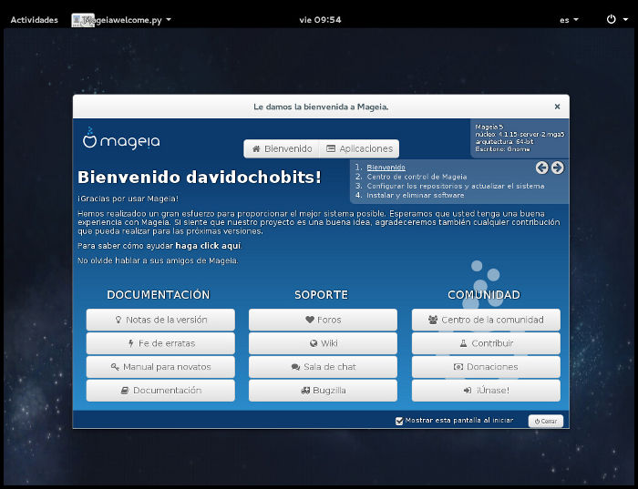 Pantalla bienvenida Mageia en Gnome