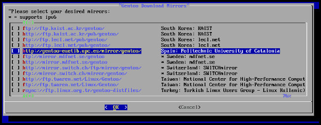 Selección mirror Gentoo