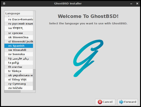 Primera ventana instalador GhostBSD