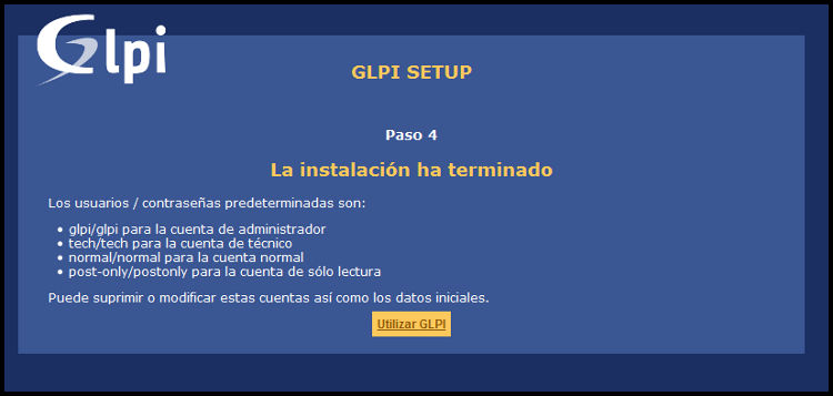 Finalización instalación GLPI