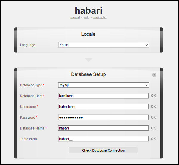 Configurar base de datos Habari