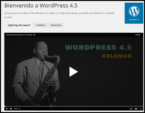 Página bienvenida WordpPress 4.5