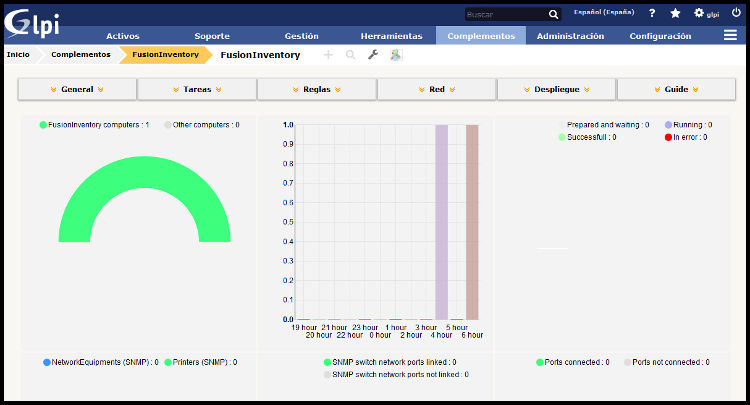 Vista complemento FusionInventory en GLPI