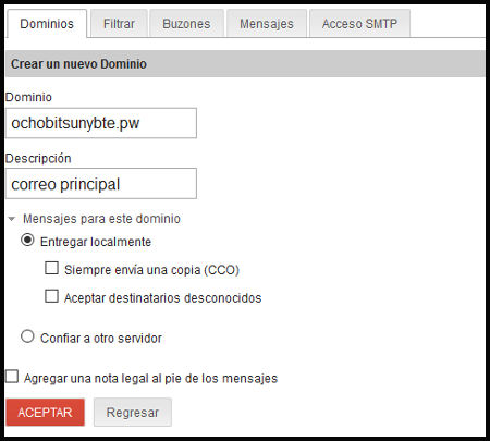 Configuración dominio para el correo