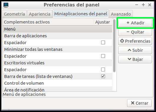 Añadir miniaplición al panel